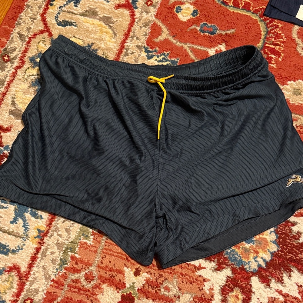 Tracksmith Navy Athletic Shorts with Yellow Drawstring